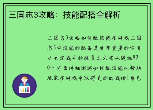三国志3攻略：技能配搭全解析