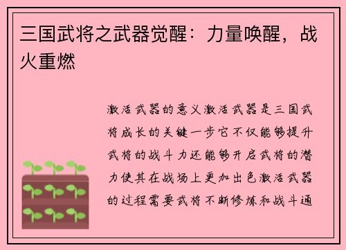 三国武将之武器觉醒：力量唤醒，战火重燃