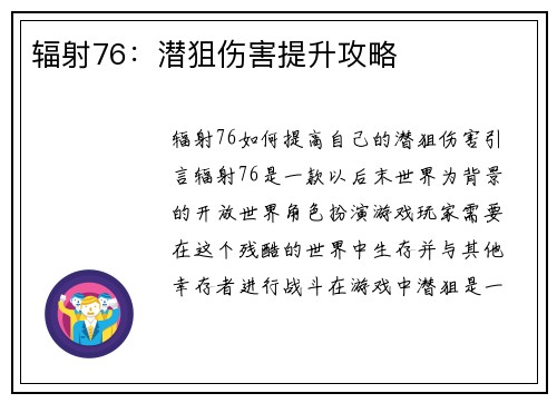 辐射76:潜狙伤害提升攻略